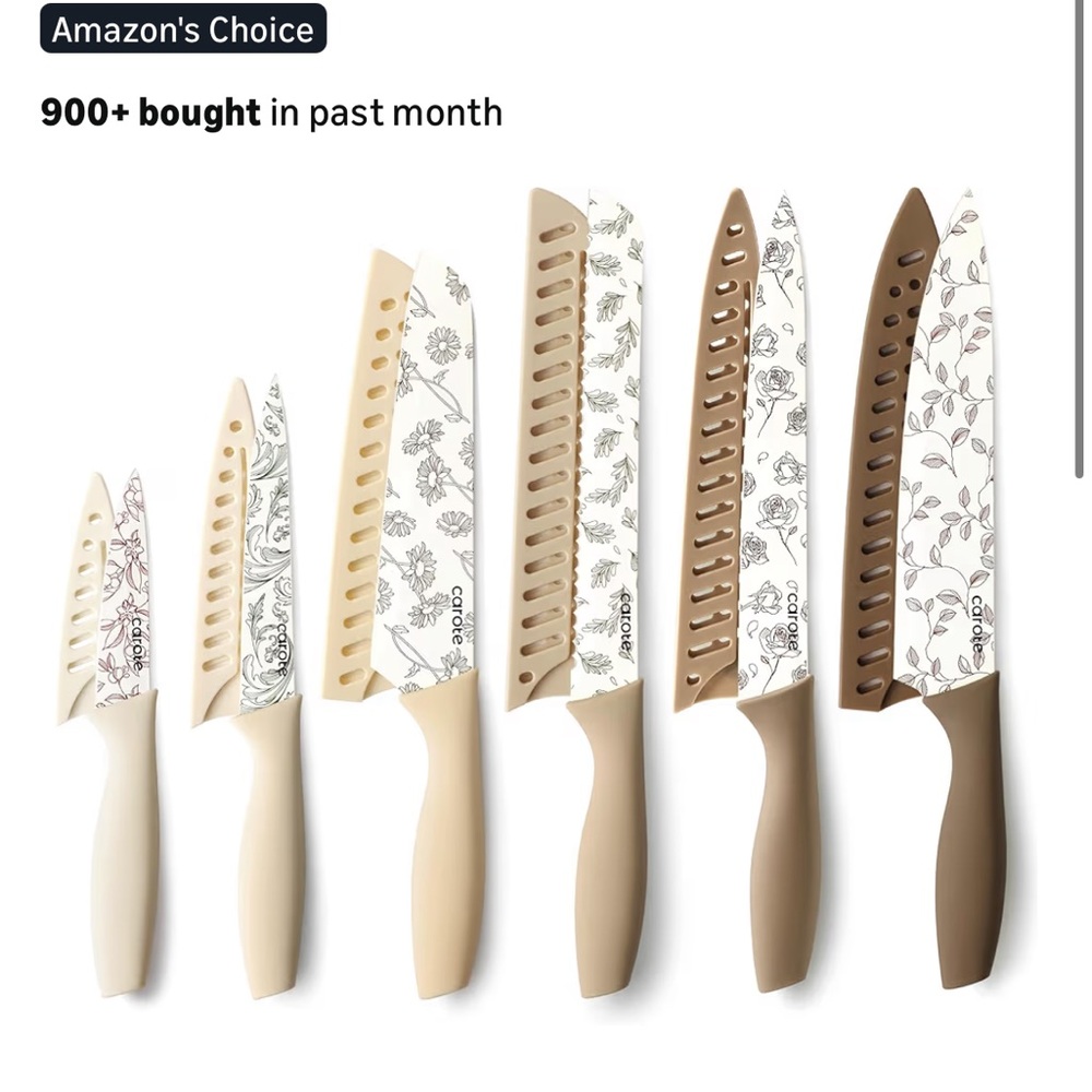 Floral Pattern Knife Set with Beige Handles